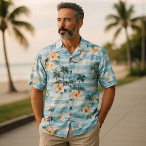 Campia Hawaiian Shirt Mens M Made in Korea Vintage Style Floral Aloha Beachwear